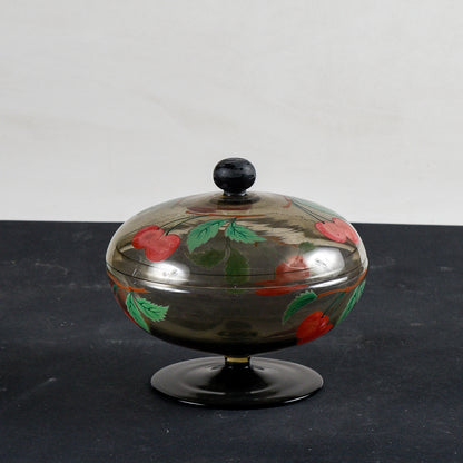 coppa con coperchio epoca Liberty in vetro fumé realizzata a mano, decorata Italia 1930, 6 bicchierini