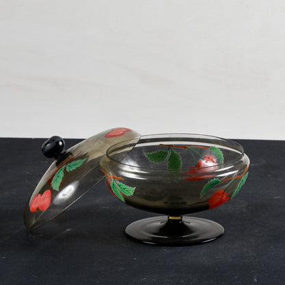 coppa con coperchio epoca Liberty in vetro fumé realizzata a mano, decorata Italia 1930, 6 bicchierini