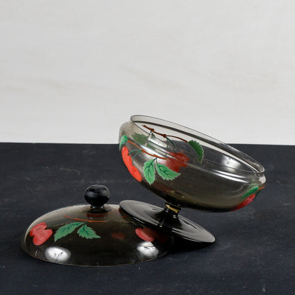 coppa con coperchio epoca Liberty in vetro fumé realizzata a mano, decorata Italia 1930, 6 bicchierini