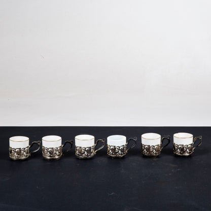 Set sei tazzine da caffè  in ceramica e  metallo  epoca liberty