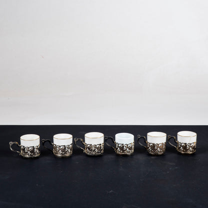 Set sei tazzine da caffè  in ceramica e  metallo  epoca liberty