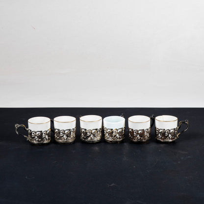 Set sei tazzine da caffè  in ceramica e  metallo  epoca liberty