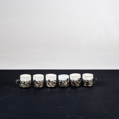 Set sei tazzine da caffè  in ceramica e  metallo  epoca liberty