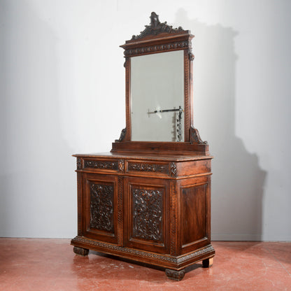 Credenza con specchiera in noce intagliata Italia epoca fine 1800