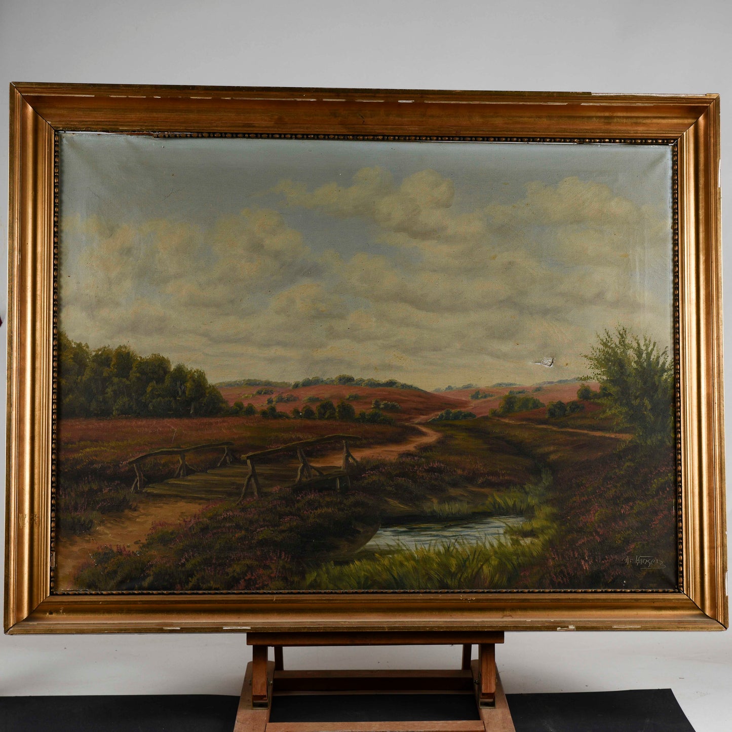 Quadro paesaggio  olio su tela cornice foglia oro epoca primi 900