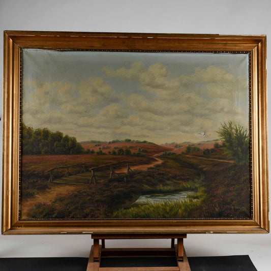 Quadro paesaggio  olio su tela cornice foglia oro epoca primi 900
