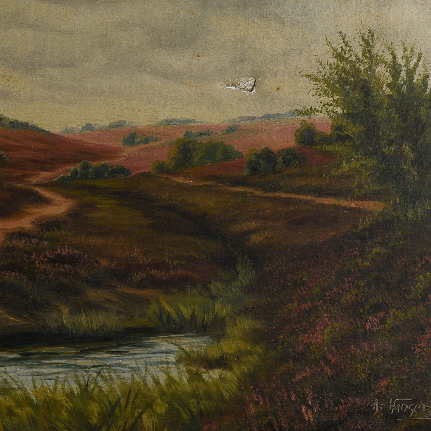 Quadro paesaggio  olio su tela cornice foglia oro epoca primi 900