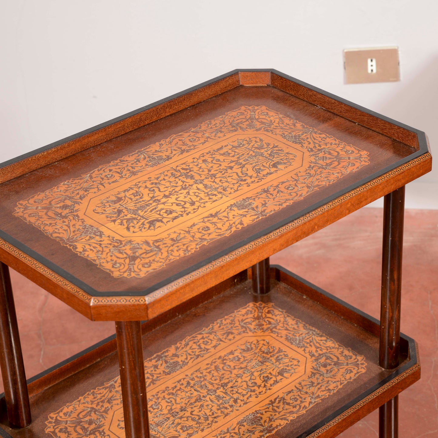 Carrello portavivande intarsiato,  e con doppio piano  Italia 1940