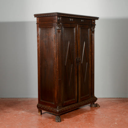 Armadietto stipo  libreria piedi leone con ripiani e cassetto stile rinascimento Italia epoca 1900