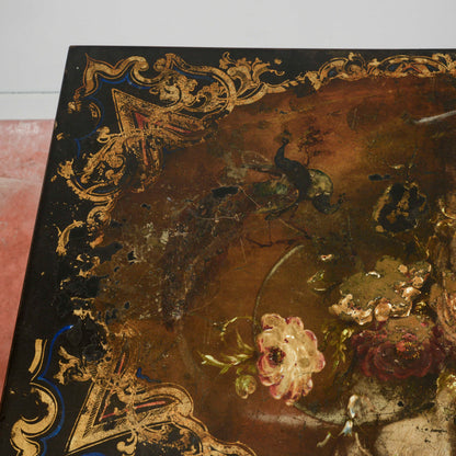 Tavolino laccato nero con decori floreali  epoca 1880 stile Edoardiano