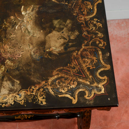 Tavolino laccato nero con decori floreali  epoca 1880 stile Edoardiano