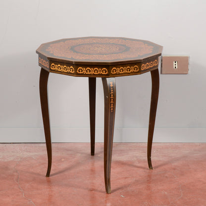 Tavolino legno  intarsiato con carillon all'apertura vintage anni 70