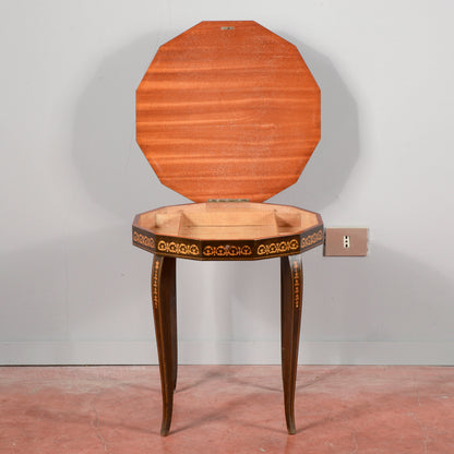 Tavolino legno  intarsiato con carillon all'apertura vintage anni 70