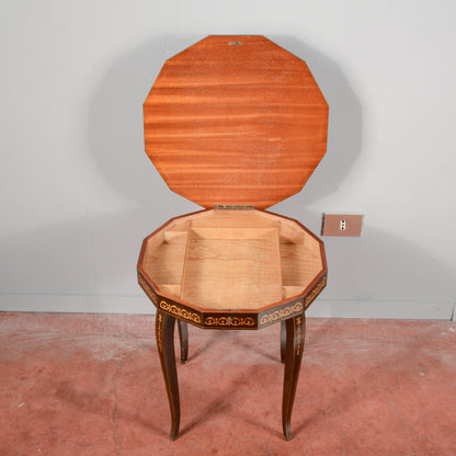 Tavolino legno  intarsiato con carillon all'apertura vintage anni 70