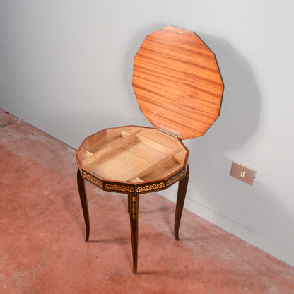 Tavolino legno  intarsiato con carillon all'apertura vintage anni 70