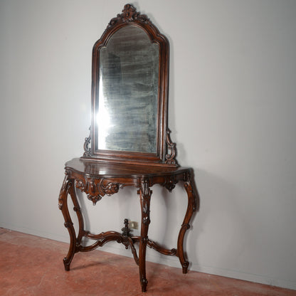 Consolle con specchiera in legno massello intagliata Epoca XIX secolo