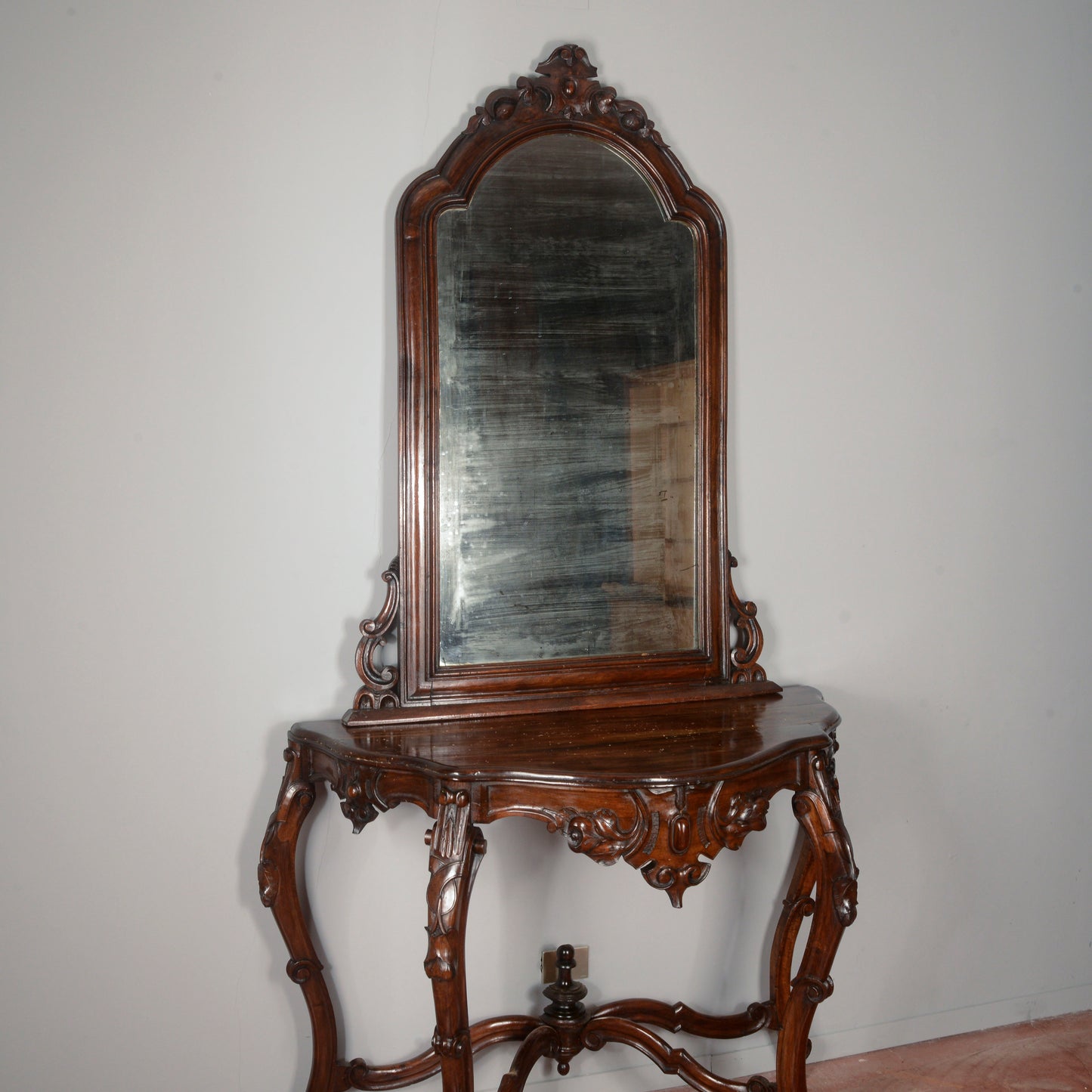 Consolle con specchiera in legno massello intagliata Epoca XIX secolo
