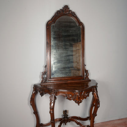 Consolle con specchiera in legno massello intagliata Epoca XIX secolo