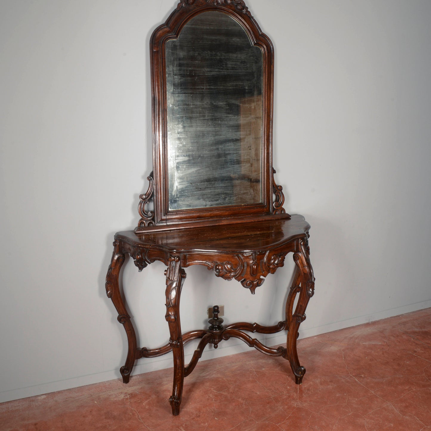 Consolle con specchiera in legno massello intagliata Epoca XIX secolo