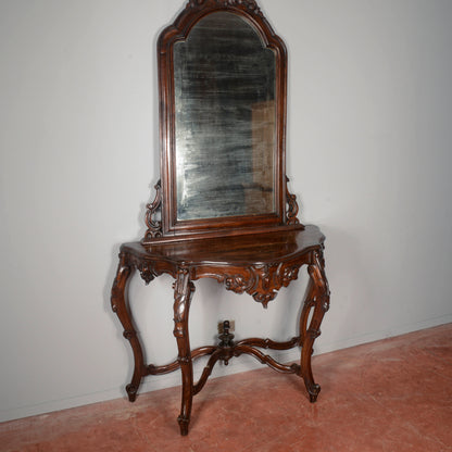 Consolle con specchiera in legno massello intagliata Epoca XIX secolo