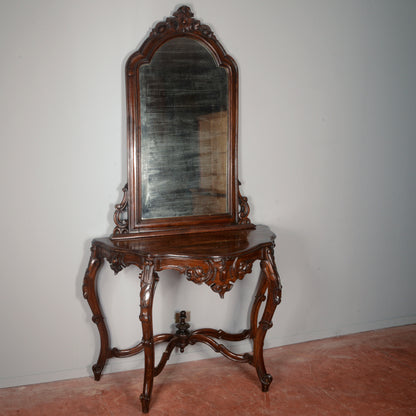 Consolle con specchiera in legno massello intagliata Epoca XIX secolo