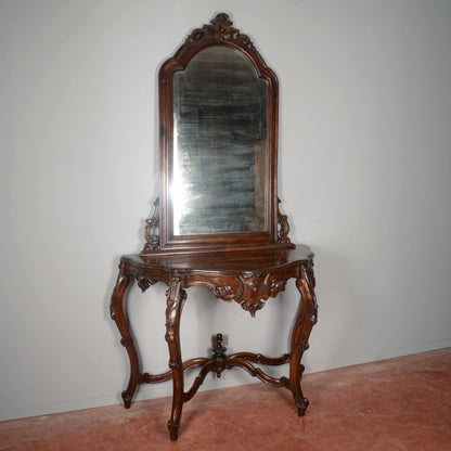Consolle con specchiera in legno massello intagliata Epoca XIX secolo