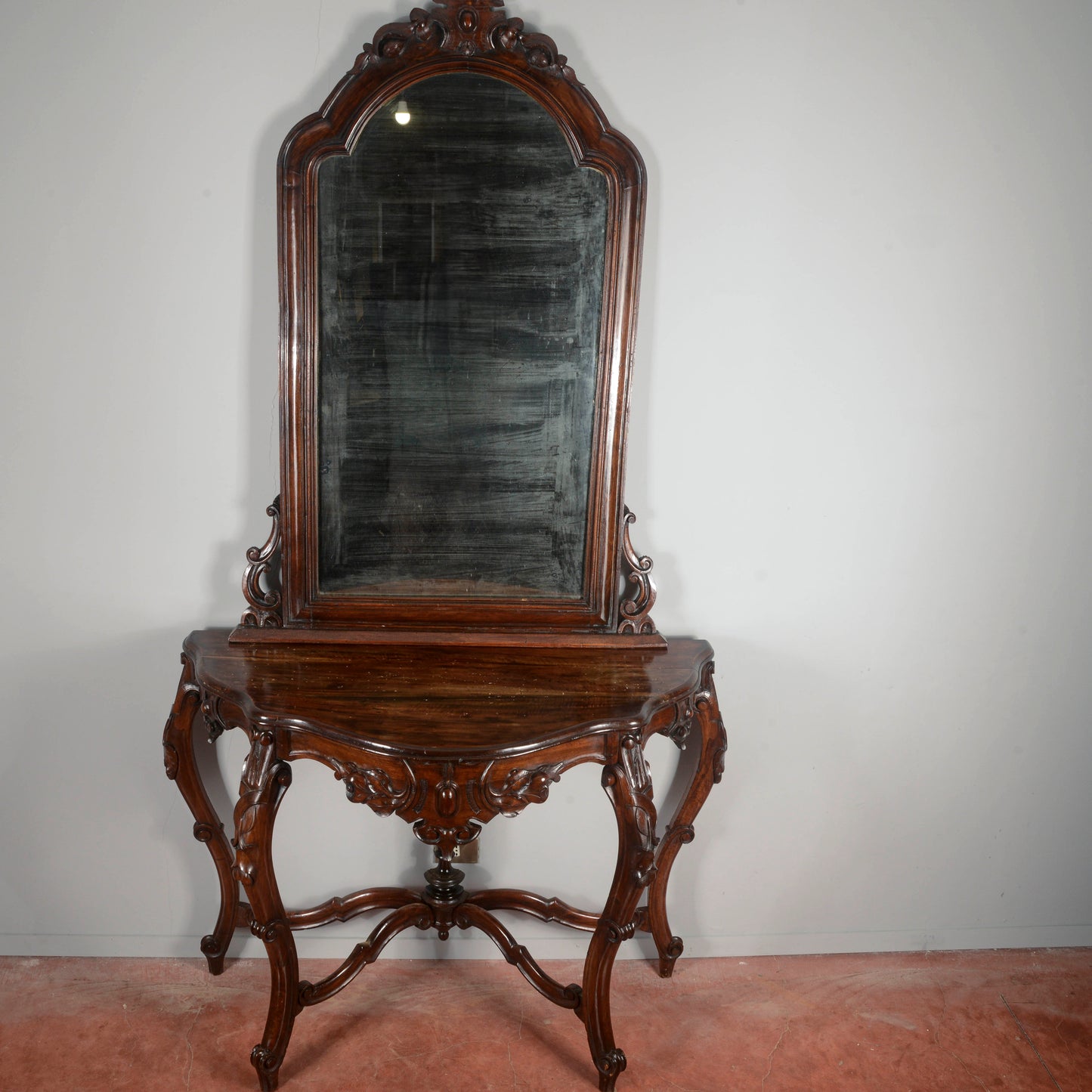 Consolle con specchiera in legno massello intagliata Epoca XIX secolo