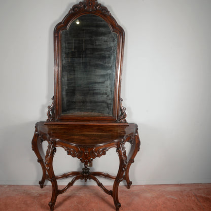 Consolle con specchiera in legno massello intagliata Epoca XIX secolo