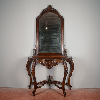 Consolle con specchiera in legno massello intagliata Epoca XIX secolo
