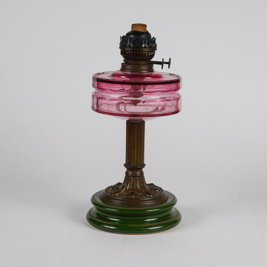 Lampada a olio in ceramica vetro e metallo liberty originale con doppio stoppino funzionante originale