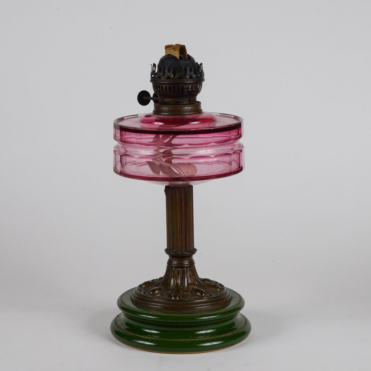 Lampada a olio in ceramica vetro e metallo liberty originale con doppio stoppino funzionante originale