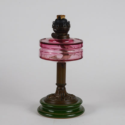 Lampada a olio in ceramica vetro e metallo liberty originale con doppio stoppino funzionante originale