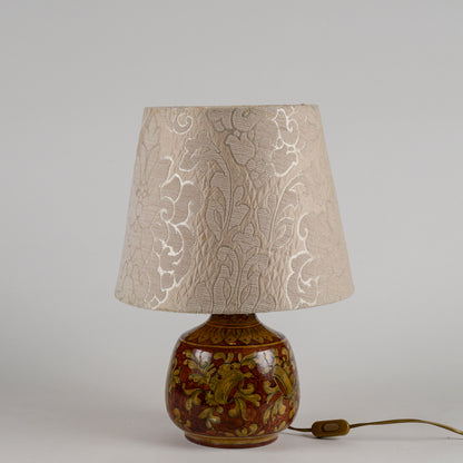 Lampada da appoggio vintage in ceramica smaltata funzionante con cappa damascata