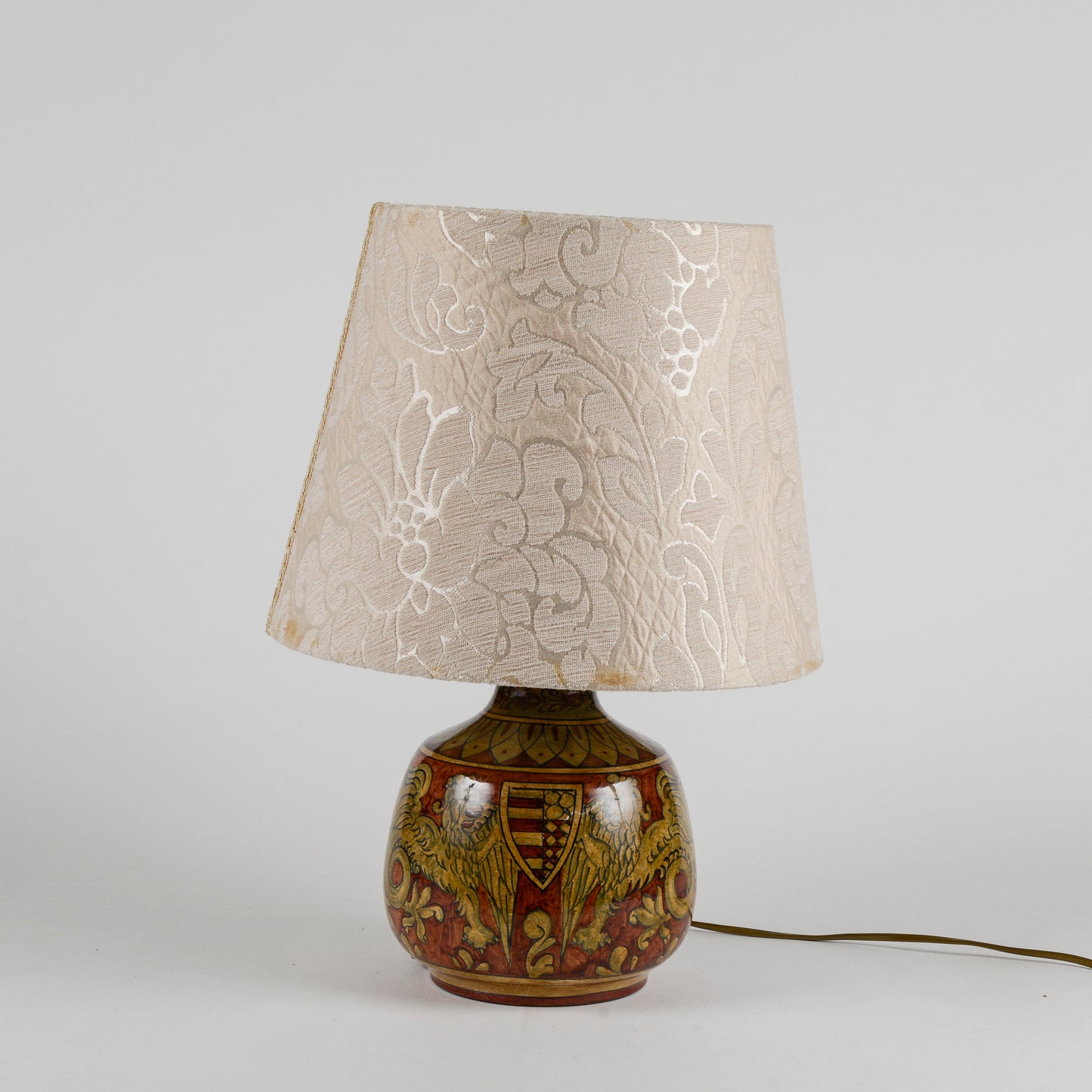 Lampada da appoggio vintage in ceramica smaltata funzionante con cappa damascata