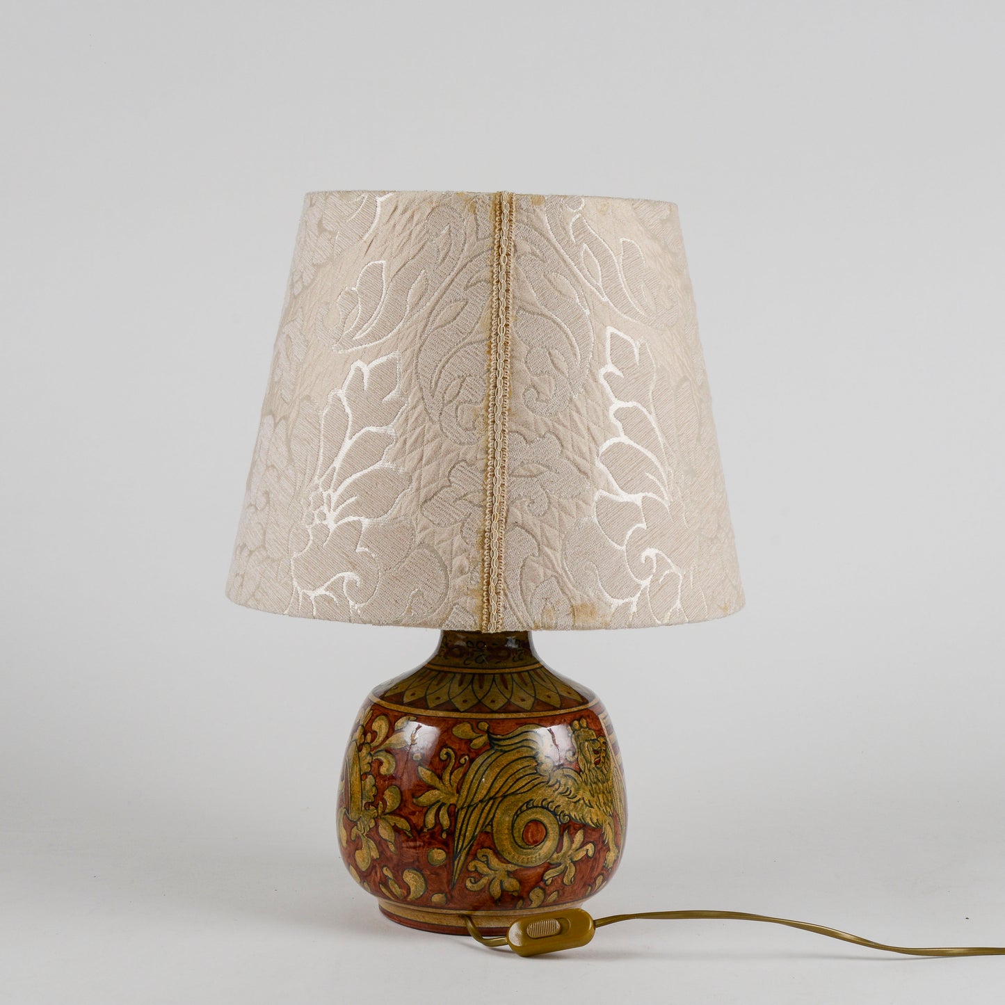 Lampada da appoggio vintage in ceramica smaltata funzionante con cappa damascata