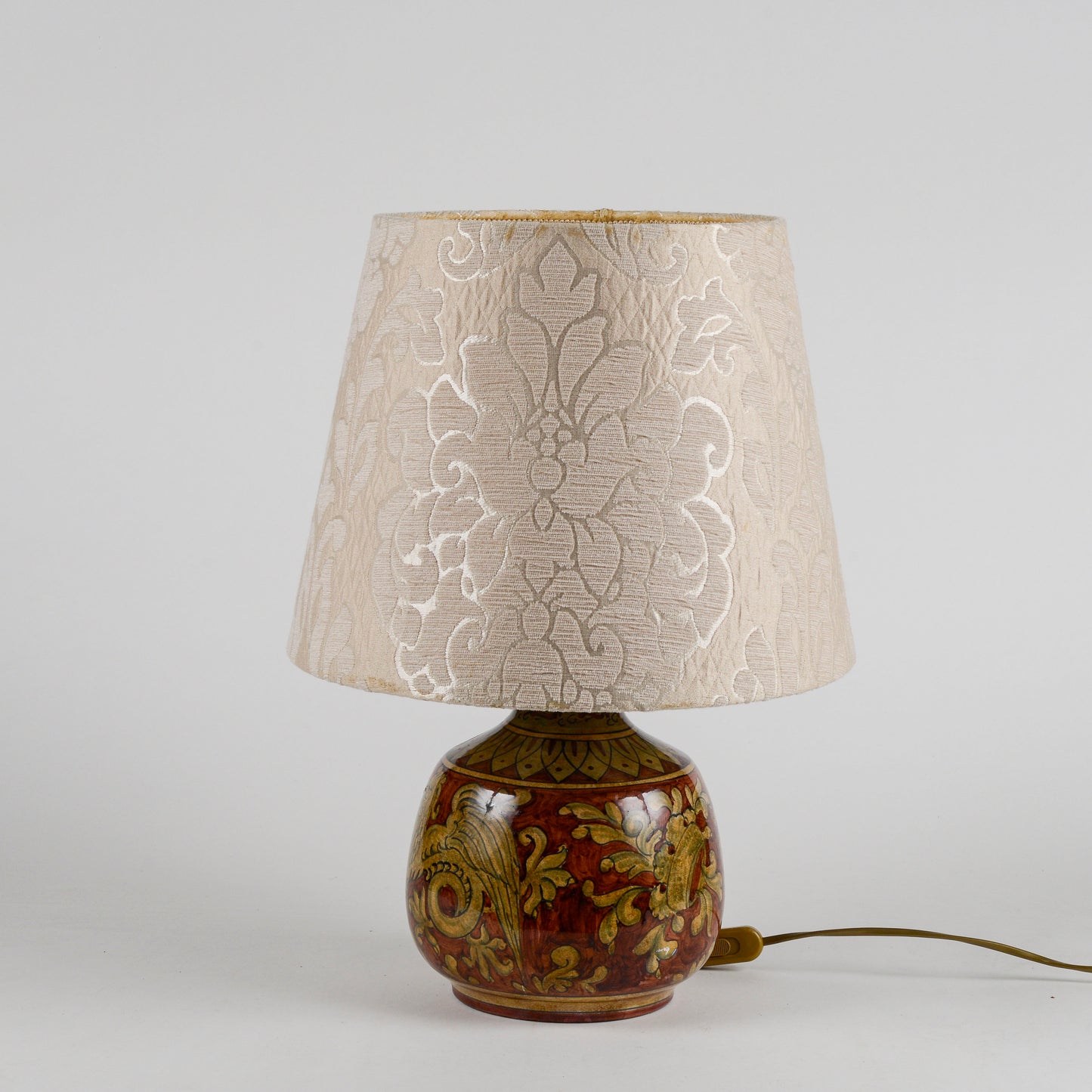 Lampada da appoggio vintage in ceramica smaltata funzionante con cappa damascata