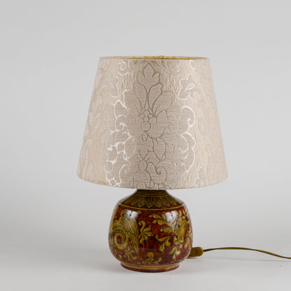 Lampada da appoggio vintage in ceramica smaltata funzionante con cappa damascata