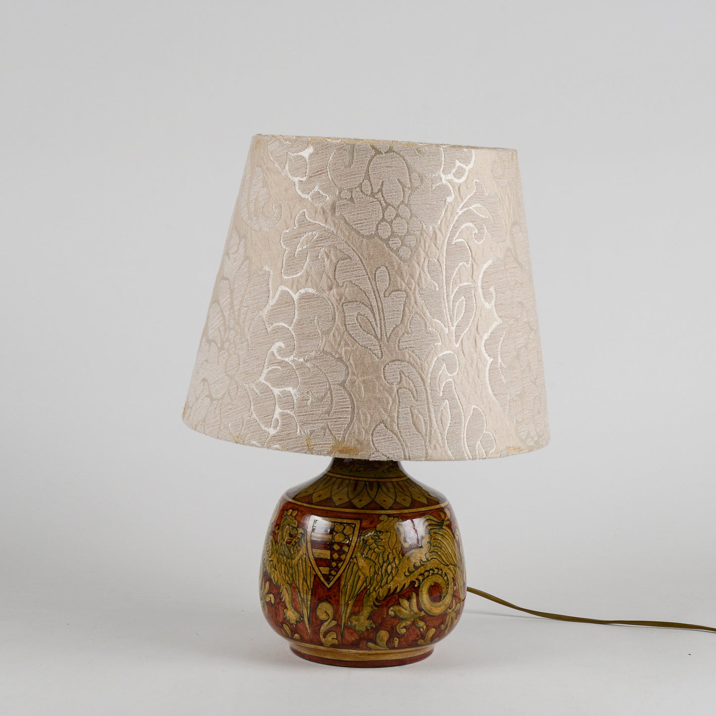 Lampada da appoggio vintage in ceramica smaltata funzionante con cappa damascata