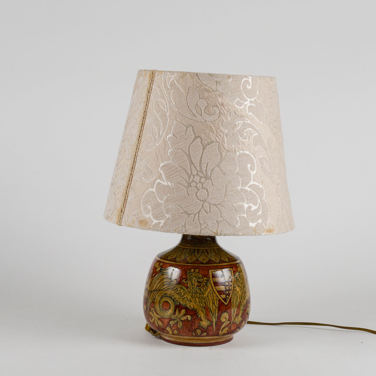 Lampada da appoggio vintage in ceramica smaltata funzionante con cappa damascata