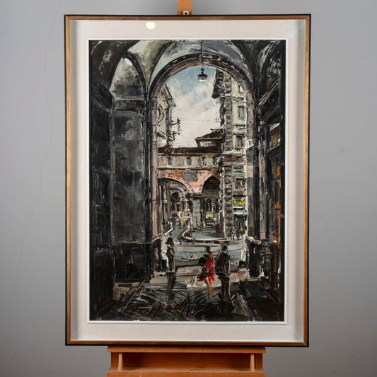 dipinto olio Marco Crippa Milano passaggio santa margherita veduta piazza mercanti