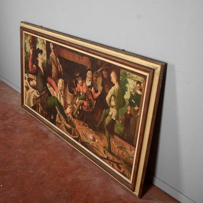 Quadro grande dipinto da Cesare Peruzzi 1958 riproduzione La danza delle uova Aertszen