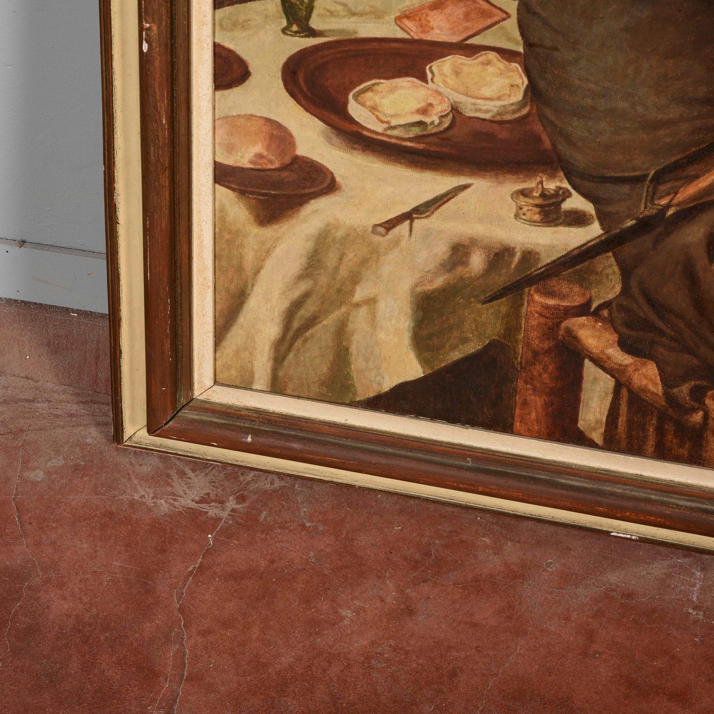 Quadro grande dipinto da Cesare Peruzzi 1958 riproduzione La danza delle uova Aertszen