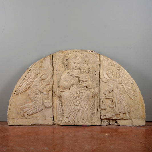 Lunetta in gesso Madonna con Bambino e angeli stile alta epoca XIII secolo