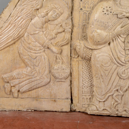 Lunetta in gesso Madonna con Bambino e angeli stile alta epoca XIII secolo