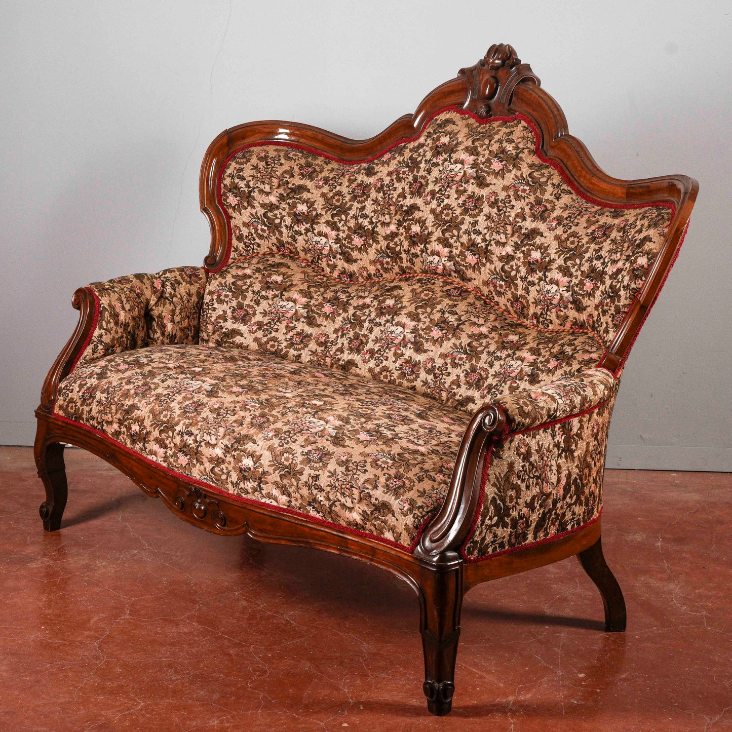 Divano damascato noce massello intagliato epoca Luigi Filippo