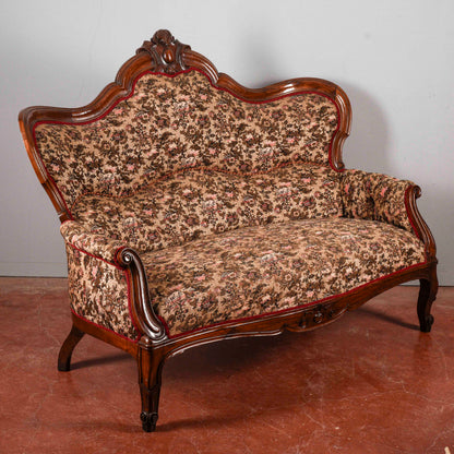 Divano damascato noce massello intagliato epoca Luigi Filippo