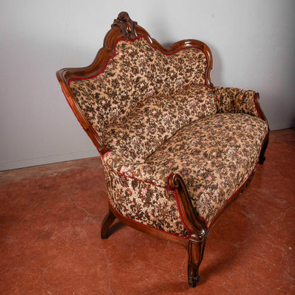 Divano damascato noce massello intagliato epoca Luigi Filippo