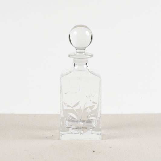bottiglia da wisky con decoro di foglie a ramo in vetro