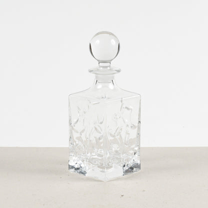 bottiglia da wisky con decoro di foglie a ramo in vetro