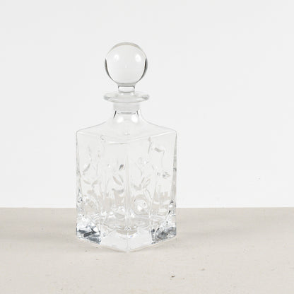 bottiglia da wisky con decoro di foglie a ramo in vetro